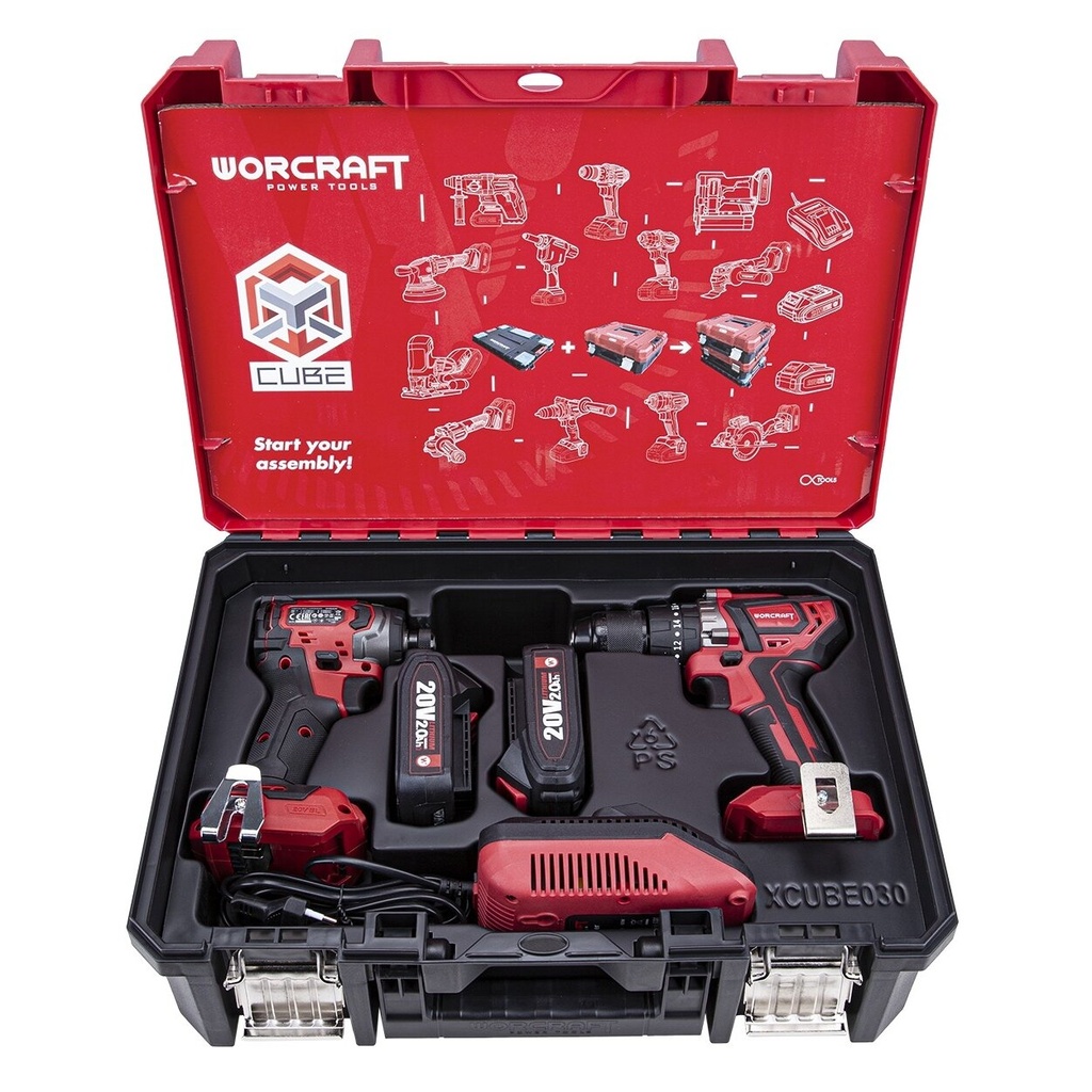⬡ Akumuliatorinio suktuvo-gręžtuvo ir smūginio suktuvo WORCRAFT rinkinys 20V LI-ION (XCUBE dėžė) (XCUBE030, WORCRAFT)