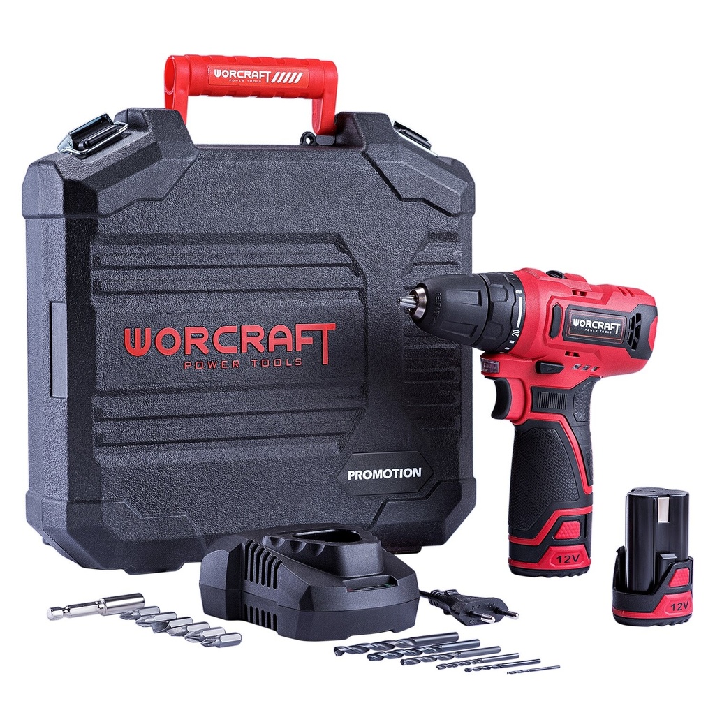 ⬡ Akumuliatorinis suktuvas-gręžtuvas WORCRAFT su priedais plastikine deže 12V LI-ION (CD12LiA, WORCRAFT)