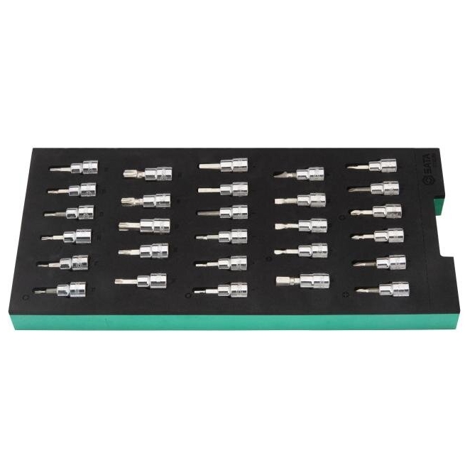 ⬡ Dėklas. 3/8'' galvučių su antgaliais rinkinys 28 vnt. (pl./PH/PZ/HEX/torx) (ST09006G, SATA)