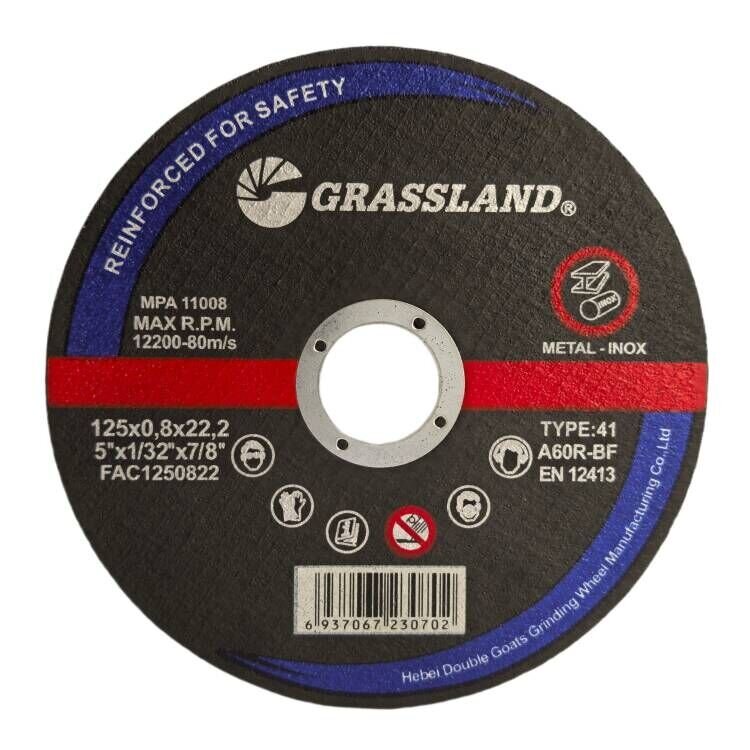⬡ Cut-off wheel. Flat. Metal and steel 125x0.8x22.2 41 type (FAC1250822, GRASSLAND)