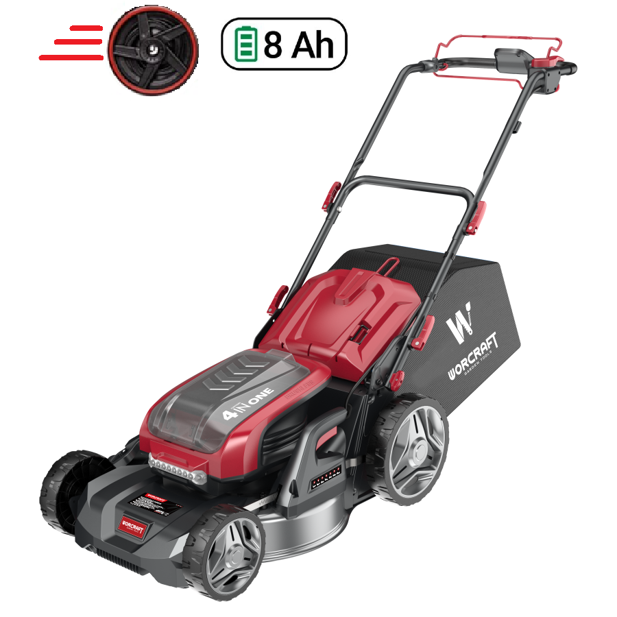 ⬡ Li-Ion akumuliatorinė beanglinė savaeigė vejapjovė WORCRAFT 40V (20V x 4 vnt. 8.0Ah akumuliatoriai) (CLMS40LiBD8AH, WORCRAFT)