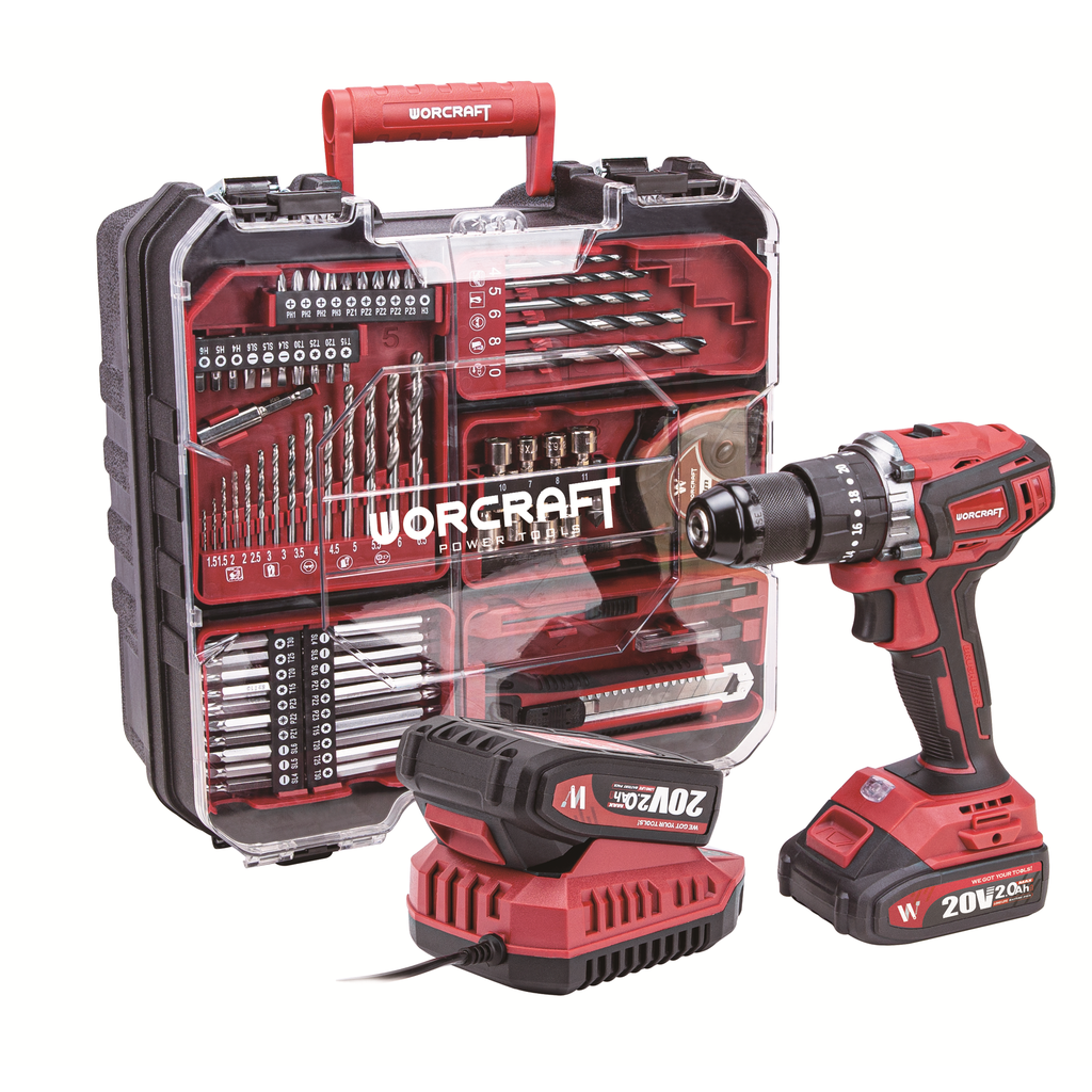 ⬡ Li-Ion akumuliatorinis suktuvas / gręžtuvas WORCRAFT 20V su priedų rinkiniu 78 vnt., 2x2.0Ah (CHDS20LiBES, WORCRAFT)