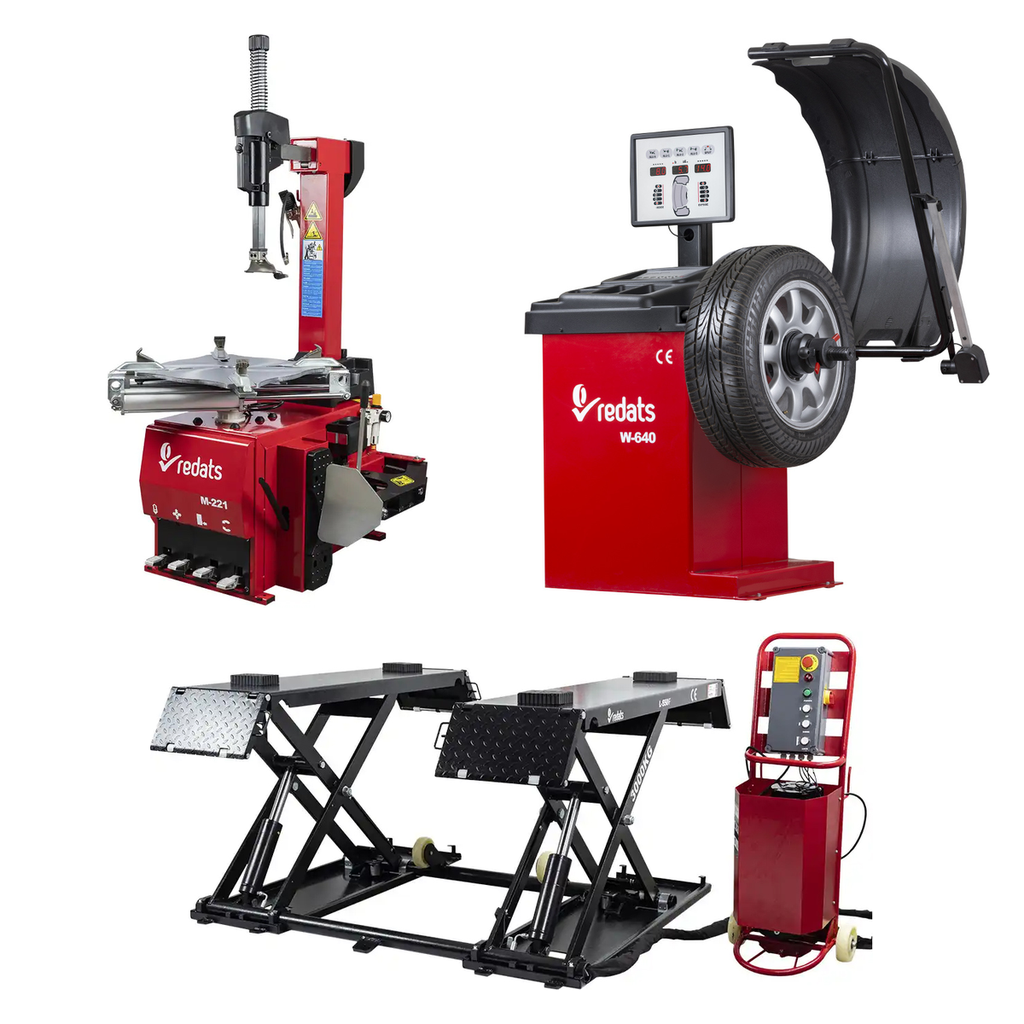 Riepu servisa komplekts RUNFLAT — mobilais pacēlājs + automātiskais montāžas stends + balansētājs W-640