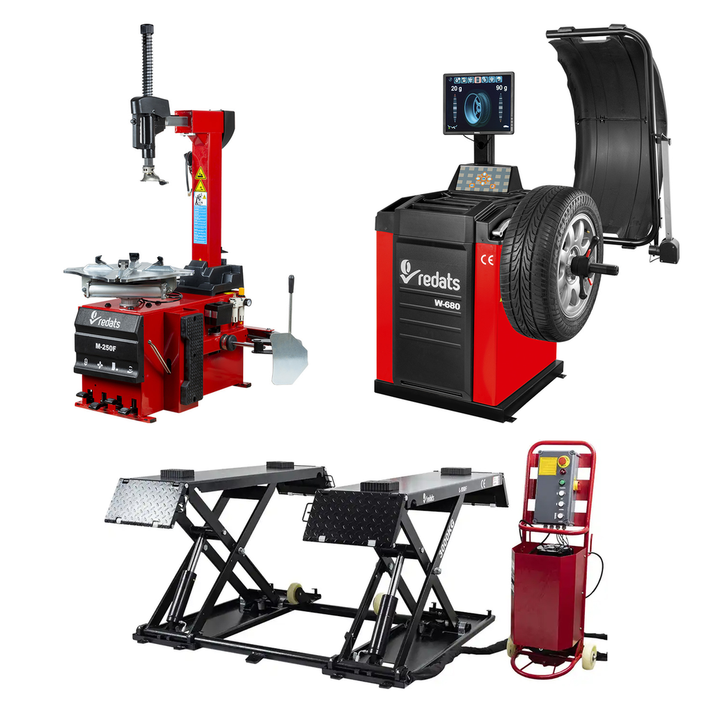 Padangų serviso komplektas PROFESSIONAL — mobilus keltuvas + M-250F staklės + W-680 balansyrė