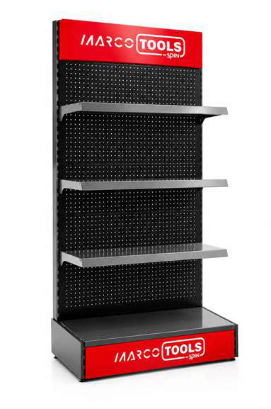Ekspozīcijas statīvs 950x240 mm ar 20 āķiem un 3 plauktiem (05.088.135, MARCO TOOLS)