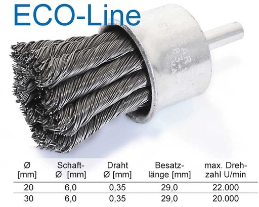 [00099972] Galinis susuktos vielos šepetys ECO-LINE 20 mm, kotas 6 mm (00099972, PICHLER)