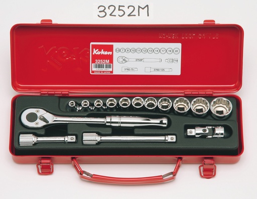 [73800603] 3/8 collu muciņu komplekts 15 daļas, metriskais 5,5–22 mm, metāla kastē (73800603, PICHLER)