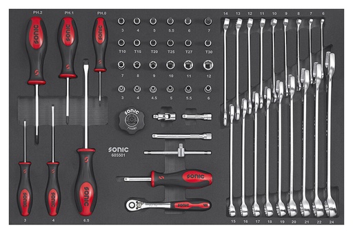 [605501] Kombinētais galvu un atslēgu komplekts 1/4" SFS-M, 55 gab., Sonic Equipment (605501, SONIC)