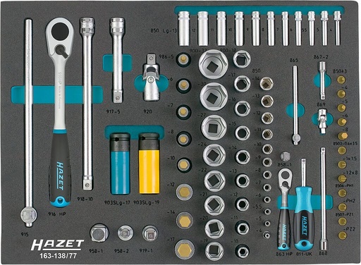 [163-138/77] Socket set - 1/2 inch (12.5 mm) square, hollow, 1/4 inch (6.3 mm) square, hollow (163-138/77, HAZET)