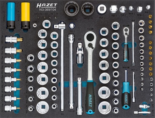 [163-369/104] Socket set - 1/4 inch (6.3 mm) square, hollow, 1/2 inch (12.5 mm) square, hollow, 3/4 inch (20 mm) square, solid (163-369/104, HAZET)