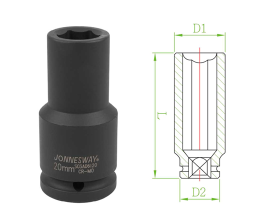 [S03AD6120] Ilga smūginė galvutė 3/4" 6-briaunė 20 mm (S03AD6120, JONNESWAY)