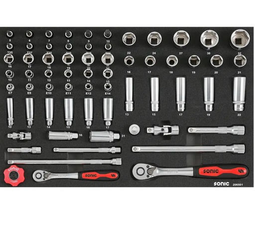 [206501] Socket set 3/8"+1/2" for trolleys, 65 pcs (206501, SONIC)