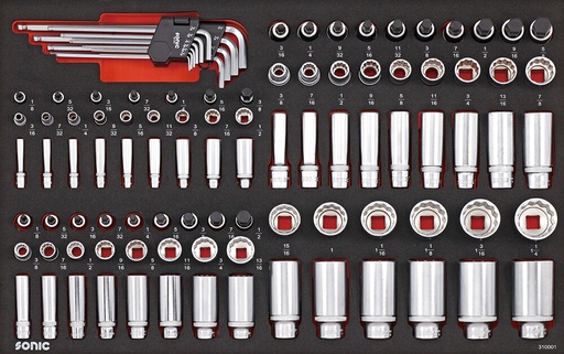[310001] Įrankių komplektas į vežimėlius - colinės galvutės 1/4", 3/8" ir 1/2" (100vnt) Sonic Equipment BV (310001, SONIC)