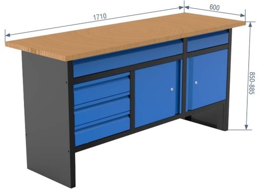 [05.088.161] Workbench with 5 drawers and 2 doors, 1710×600×885 mm (05.088.161, SPIN)