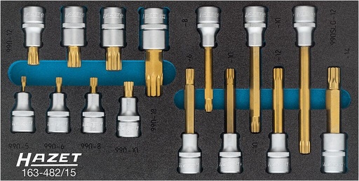 [163-482/15] Internal spline (XZN) screwdriver socket set, 1/2 inch, M5–M12, 15 pieces (163-482/15, HAZET)