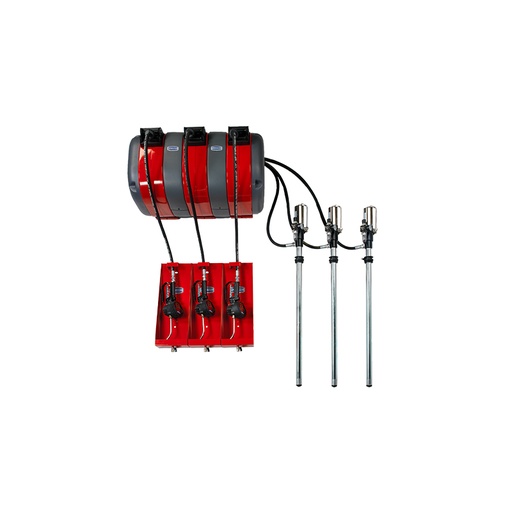 [2934] Stationary pneumatic oil dispensing kit equipped with air operated pumps, hose reels art. no. 9013, plastic casing elements, flexible hose 15 m long, oil control handle, tries, air treatment system, bung adapters for the fixation for 208 l drums, FLEXBIMEC (2934)