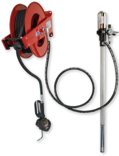 [2992/20] Oil distribution fixed unit with pump, hose reel art. no. 9021, hose 20 m length, digital oil meter gun, pressure regulator. For 208 l drums, FLEXBIMEC (2992/20)
