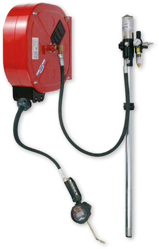[2994/20] Oil distribution fixed unit with pump, hose reel art. no. 9023, hose 20 m length, digital oil meter gun art. no. 2962, pressure regulator. For 208 l drums, FLEXBIMEC (2994/20)