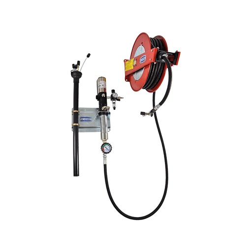 [3199] Wall mounted drain assembly kit for waste oil diesel hydraulic oil with standard air-operated pump, cabinet hose reel with Ø 1/2", 10 m long hose, FLEXBIMEC (3199)