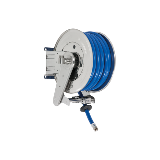 [AX4219250] Stainless steel (AISI 304) automatic spring-driven hose reel ANDROMEDA for max 25 m Ø1/2″ hose – disc 434 mm, spool 195 mm, drum 250 mm, with hose guide (without hose) (AX4219250, FLEXBIMEC)
