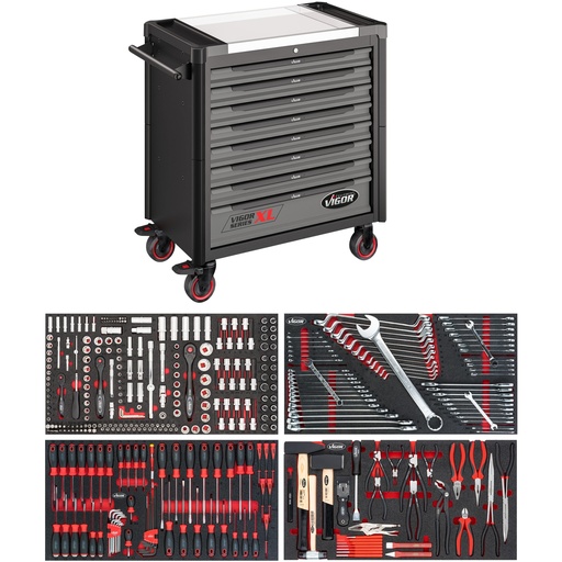 [V4481-X/375] Tool trolley Series XL, stainless steel worktop, with assortment, 375 pieces (V4481-X/375, VIGOR)