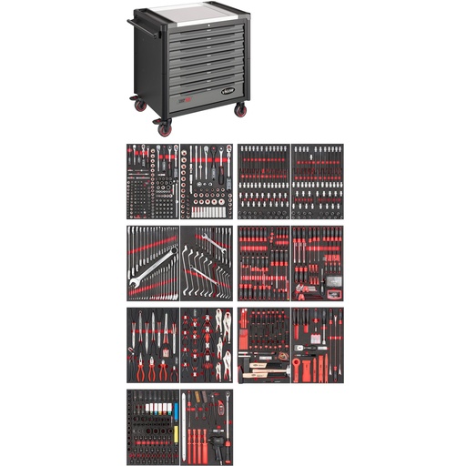 [V4481-XD/775] Instrumentu ratiņi XD sērija, īpaši dziļi, nerūsējošā tērauda darba virsma, ar instrumentu komplektu, 775 gab. (V4481-XD/775, VIGOR)