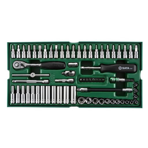[S09901] ⬡ Padėklas. Galvučių rinkinys 1/4" 66 vnt. (S09901, SATA)