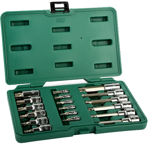 [S09052] ⬡ 1/4" + 1/2" galvučių su antgaliais rinkinys (TORX) 18 vnt. (S09052, SATA)