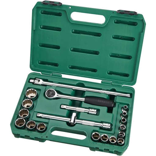 [ST09087SJ] ⬡ Galvučių rinkinys 1/2" 20 vnt. 6-briaunis+12-briaunis (5/16"-1-1/4") (S.A.E.) (ST09087SJ, SATA)