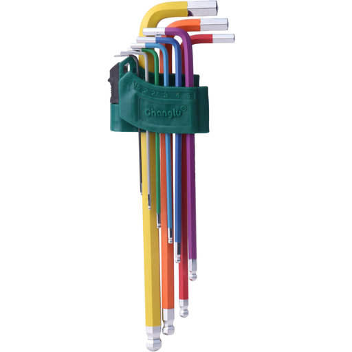 [CL402112] ⬡ L formos rankenos šešiabriaunis raktas ypač ilgas spalvotas su rutuliniu galu rinkinys 9 vnt. (1,5-10 mm) (CL402112, CHANGLU TOOLS)